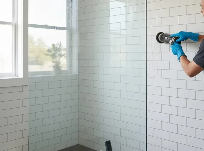 Shower tile and glass detailed in a Solvang bathroom