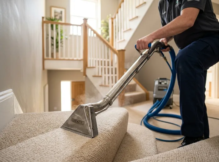 Carpeted stairs steam-cleaned tread by tread