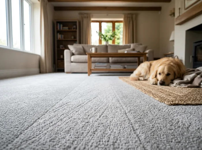 Freshly cleaned living room carpet with vacuum lines