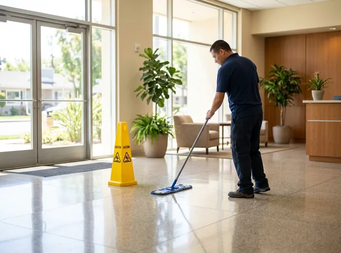 Janitorial mopping of a gleaming office lobby floor