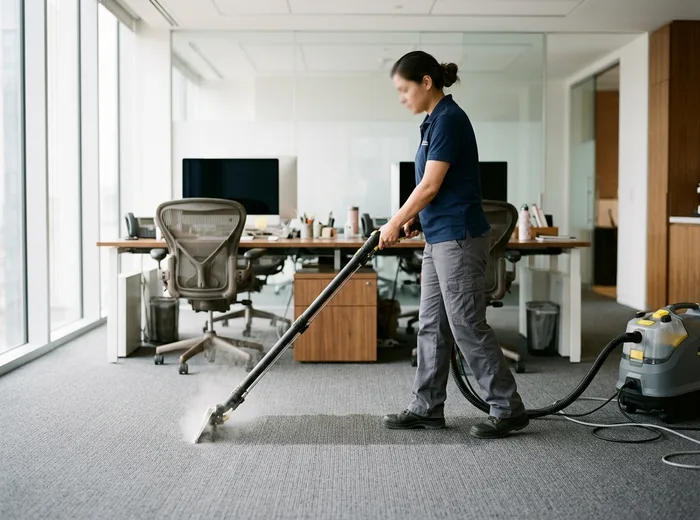 Commercial office carpet steam-cleaned after hours