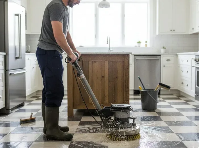 Machine buffing a kitchen floor back to an even shine