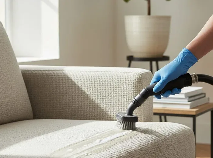 Hand detailing on light upholstery fabric